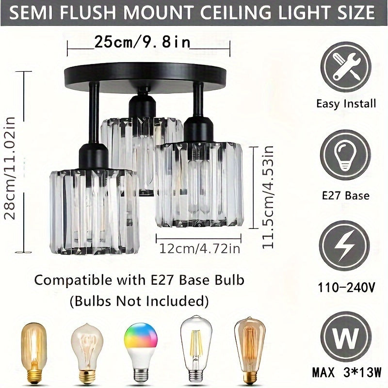 Modern 3-Light Semi-Flush Mount Crystal Chandelier - Metal Ceiling Light Fixture with Glass Shades for Dining Room, Foyer, Hallway, Kitchen Island, Office - E27 Bulb Base, Hardwired (Bulbs Not Included)