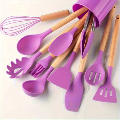12pcs, Silicone Utensil Set, Khaki Kitchen Utensil Set With Wooden Handle, Safety Cooking Utensils Set, Non-Stick Kitchen Tools Set, Washable Modern Cookware, Kitchen Stuff, Kitchen Gadgets Kitchen Accessories