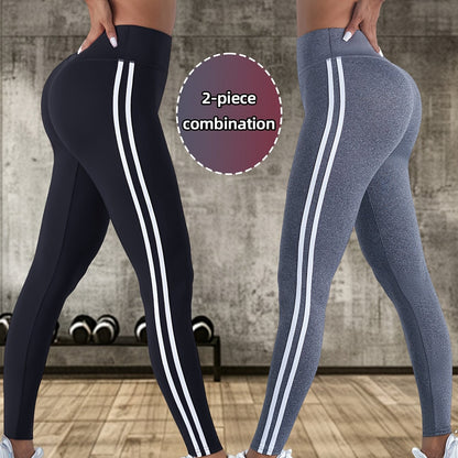 2pcs Women'S High-Waisted Yoga Pants - Breathable, Comfortable, and Tummy Control Workout Leggings with Side Stripes, Stretchy Fabric for Outdoor Fitness and Casual Wear, High Waisted Leggings