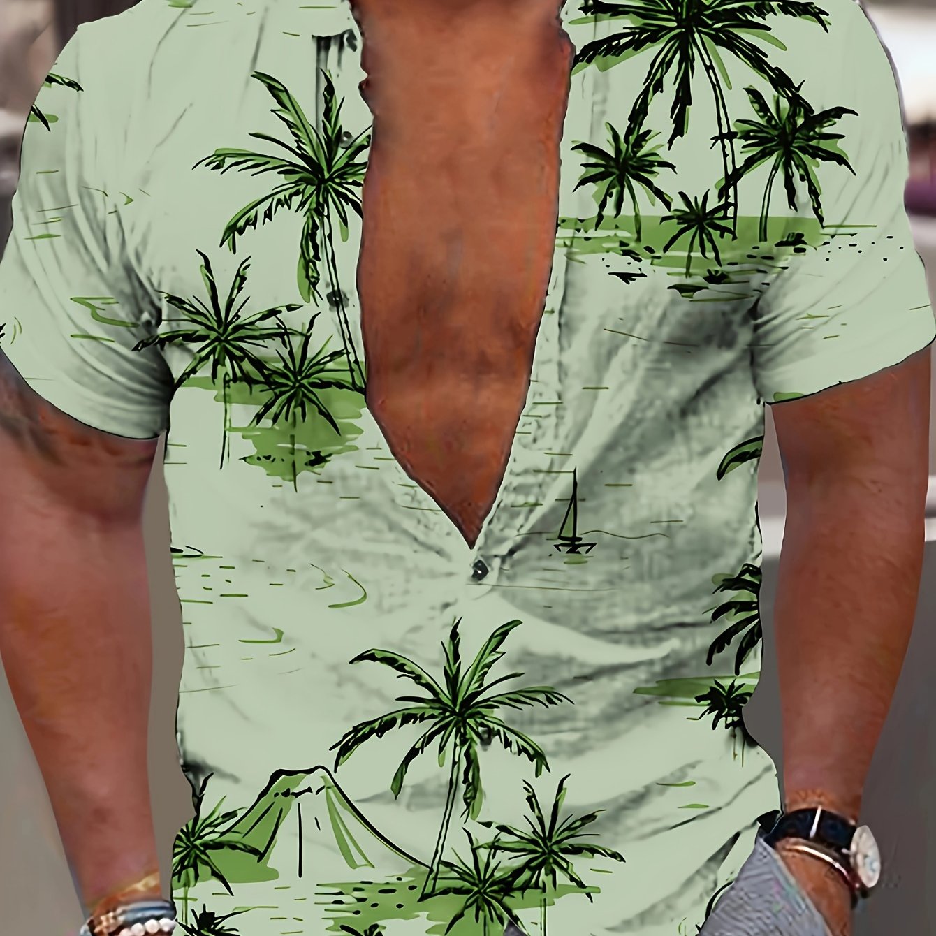 Camisa de homem de manga curta com estampado de coqueiros, ideal para o dia a dia em resorts e para a praia.