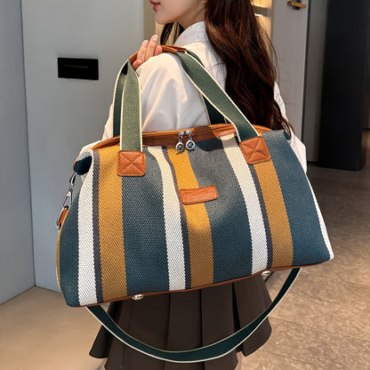 HUOHUO Women's Large Capacity Retro Striped Travel Handbag & Carry-On Luggage - Lightweight Nylon Suitcase with Adjustable Strap, Golden-Tone Hardware, Zipper Closure & Lining - Casual & Formal Use for Airplane, Train, Car Tr