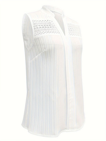 Lace Stitching V-neck Blouse, Elegant Sleeveless Top For Spring & Summer, Women's Clothing
