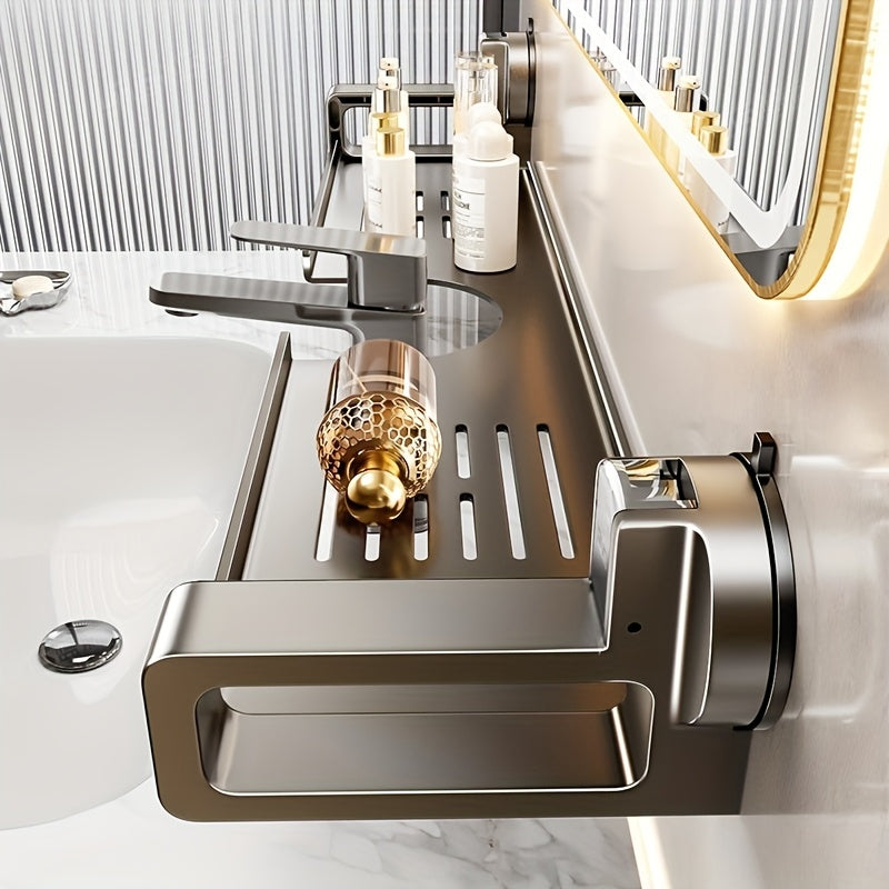 1pc Wall-Mounted Bathroom Sink Organizer with Suction Cup Faucet Holder - No-Drill Carbon Steel & ABS Shelf for Toothbrushes, Makeup Brushes, Floss - Space-Saving Vanity Storage for Small Bathrooms, Bathroom Sink Accessories,