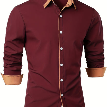 Mature Style Men's Casual Trim Contrast Button Long Sleeve Shirt, Spring Fall