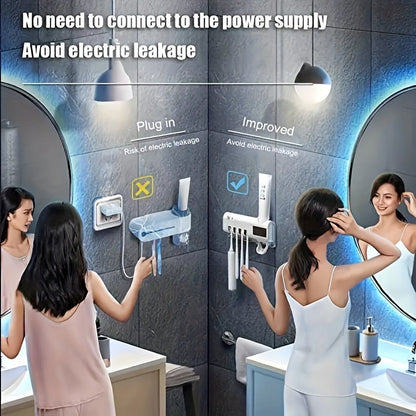 Wireless UV Toothbrush Holder with Automatic Toothpaste Dispenser – Wall-Mounted, USB Rechargeable, No-Drill Installation, Personal Care Kit