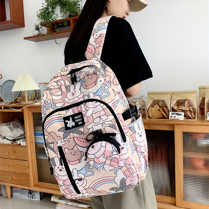 Casual Fashion Cartoon Cats Print Knapsack With Adjustable Strap And Large Capacity, Zip Up, Trendy Backpack For Travel And School