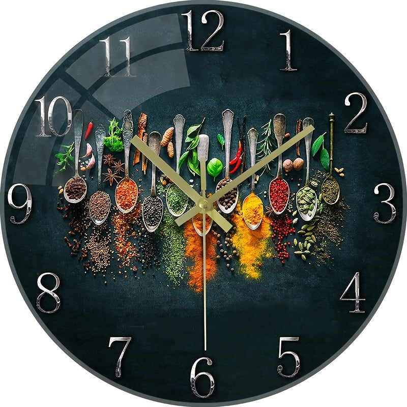 12-Inch Silent Glass Wall Clock with Vibrant Spice Design - Thick Reinforced Glass, Battery-Powered (AA), Modern Kitchen & Bedroom Decor, Perfect Gift for Christmas, Halloween, Birthdays, and More, Kitchen Wall Decor | Vibran