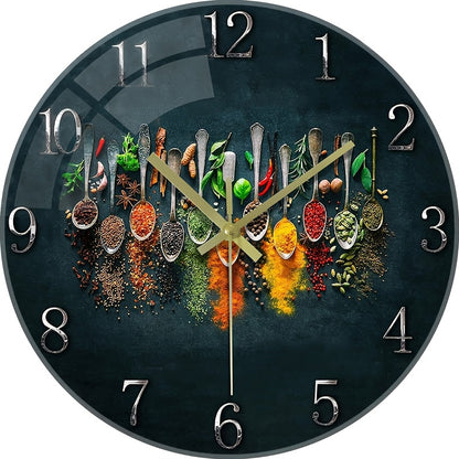12-Inch Silent Glass Wall Clock with Vibrant Spice Design - Thick Reinforced Glass, Battery-Powered (AA), Modern Kitchen & Bedroom Decor, Perfect Gift for Christmas, Halloween, Birthdays, and More, Kitchen Wall Decor | Vibran