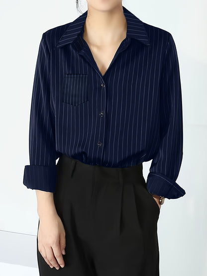 Striped Button Up Chest Pocket Blouse, Elegant Lapel Collar Long Sleeve Blouse, Women's Clothing