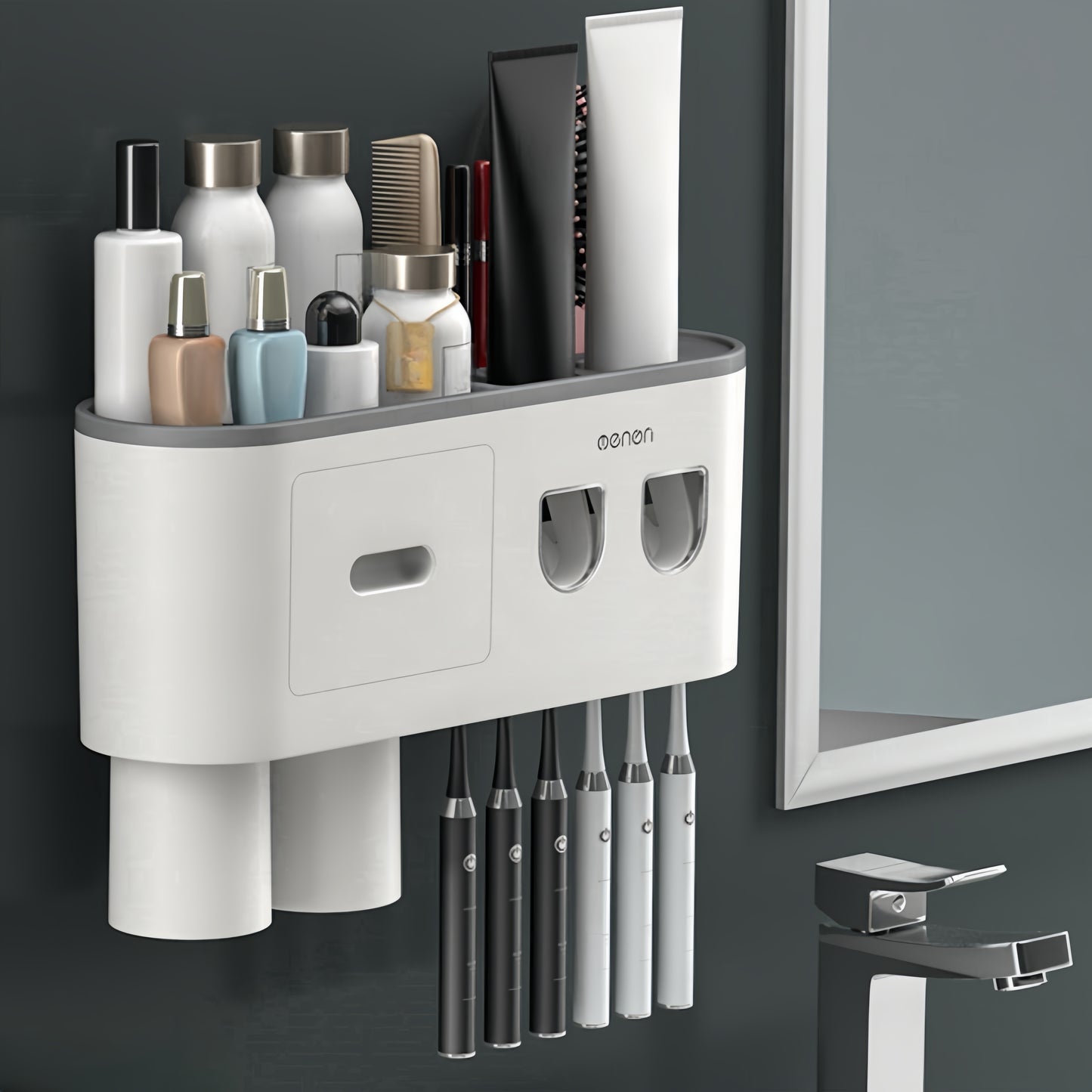 No Drill Adhesive Wall-Mounted Modern White Bathroom Organizer Set with 2-in-1 Magnetic Toothpaste Dispenser & Multi-Tier Storage Shelf - Space-Saving Over Sink Organizer with Suction Cup Hooks, Durable Plastic Construction f