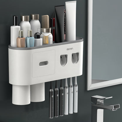 No Drill Adhesive Wall-Mounted Modern White Bathroom Organizer Set with 2-in-1 Magnetic Toothpaste Dispenser & Multi-Tier Storage Shelf - Space-Saving Over Sink Organizer with Suction Cup Hooks, Durable Plastic Construction f