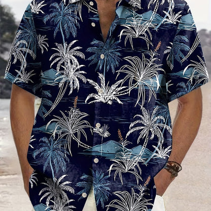 Men'S Casual Hawaiian Shirt with Coconut Tree Print, 100% Polyester, Short Sleeve, Button Front, Lapel Collar, Regular Fit, Woven Fabric, 110gsm - Spring/Summer Beachwear, Plus Size