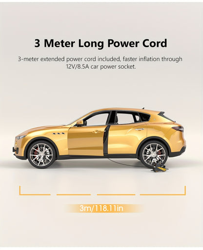 CaRSun Digital Tire Inflator, Portable Air Compressor Pump with LED Light for Cars, Motorcycles, Bicycles - DC 12V, 150 PSI, Black & Yellow Design, Plug-In Power Supply, No Battery Required, Bicycle Tire Inflator | Sleek Port