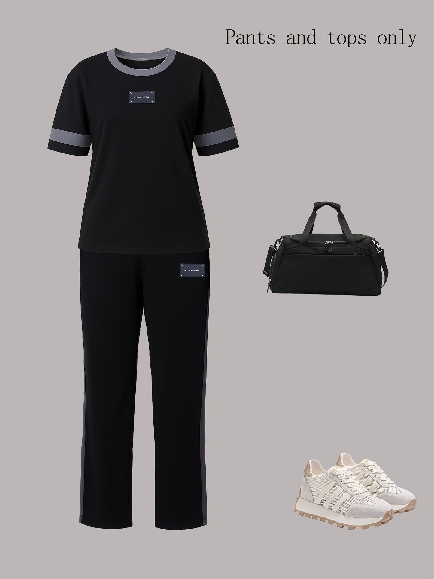 Tendência de moda outono: Conjunto de duas peças para menina composto por t-shirt de manga curta com gola redonda e blocos de cor + calças direitas casuais com cintura elástica e corte largo.