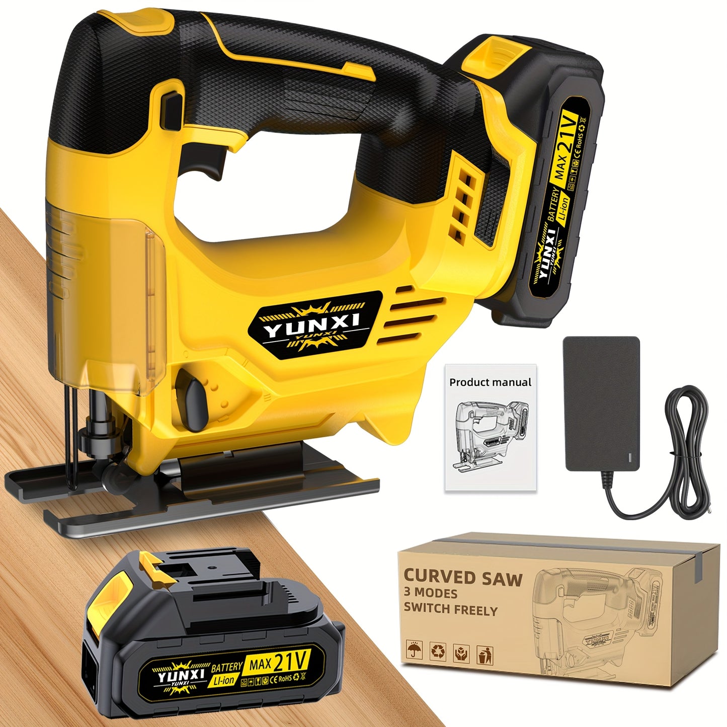 Charging Wireless Curve Saw, Electric Curve Saw, with 2 Batteries And Charger, Maximum Cutting Depth for Wood And Metal, Variable Speed, 45 Degree Oblique Cut, 3000 Revolutions Per Minute, Used for Cutting Wood, Metal And Pla