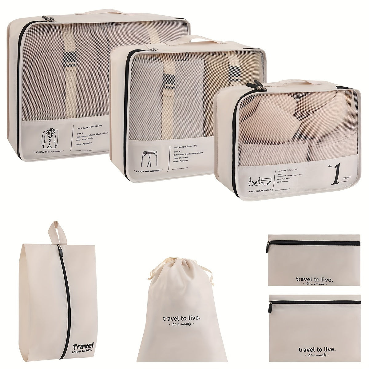 Portable Travel Storage Bag Set of 7pcs Suitcase Clothes Organizer Pouches with Clothing Bags, Underwear Pouches, and Shoe Pouches Suitable for Business Trips by Both Men and Women