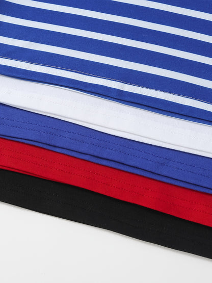 5pcs Solid Color & Striped Round Neck T-shirt Tees Tops Casual Soft Comfortable, Boys And Girls Summer Clothes