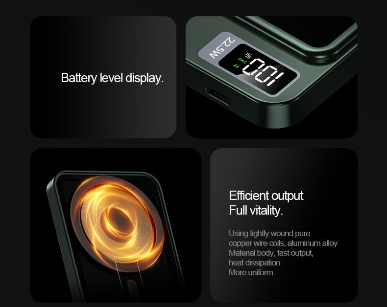 1pc KOILAGER 10000mAh Portable Power Bank with Ultrathin Magnetic Wireless Charging, 22.5W Super Fast Charge, PD20W Bi-directional Fast Charging, 15W Wireless Power, LED Display, Dual Power USB/Type-C for iPhone 16/15pro/14ma