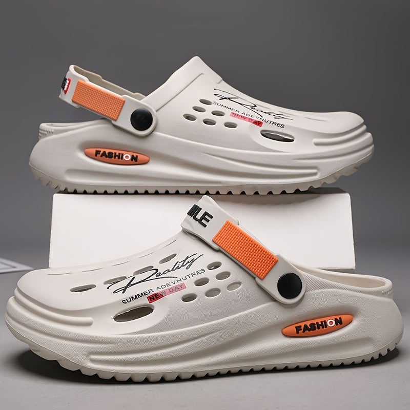 Tamancos modernos para homem com sola grossa em EVA e estampado de alfabeto - Modelo slip-on, respiráveis, ideais para jardinagem, com tira amarela segura e palmilha estampada com a inscrição "SMN WALKING PROS" para maior conforto ao ar livre.