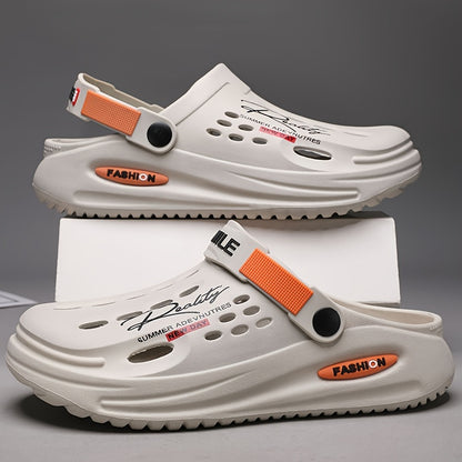 Tamancos modernos para homem com sola grossa em EVA e estampado de alfabeto - Modelo slip-on, respiráveis, ideais para jardinagem, com tira amarela segura e palmilha estampada com a inscrição "SMN WALKING PROS" para maior conforto ao ar livre.