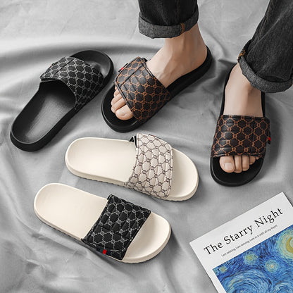 Men's Luxury Slip-On Slippers - Thick Cushioned EVA Sole & Soft PU Upper with Striped Pattern, All-Season Indoor/Outdoor House Shoes for Men, Comfortable Casual & Party Footwear (Black/White, Beige/Brown) - Unisex-Friendly De