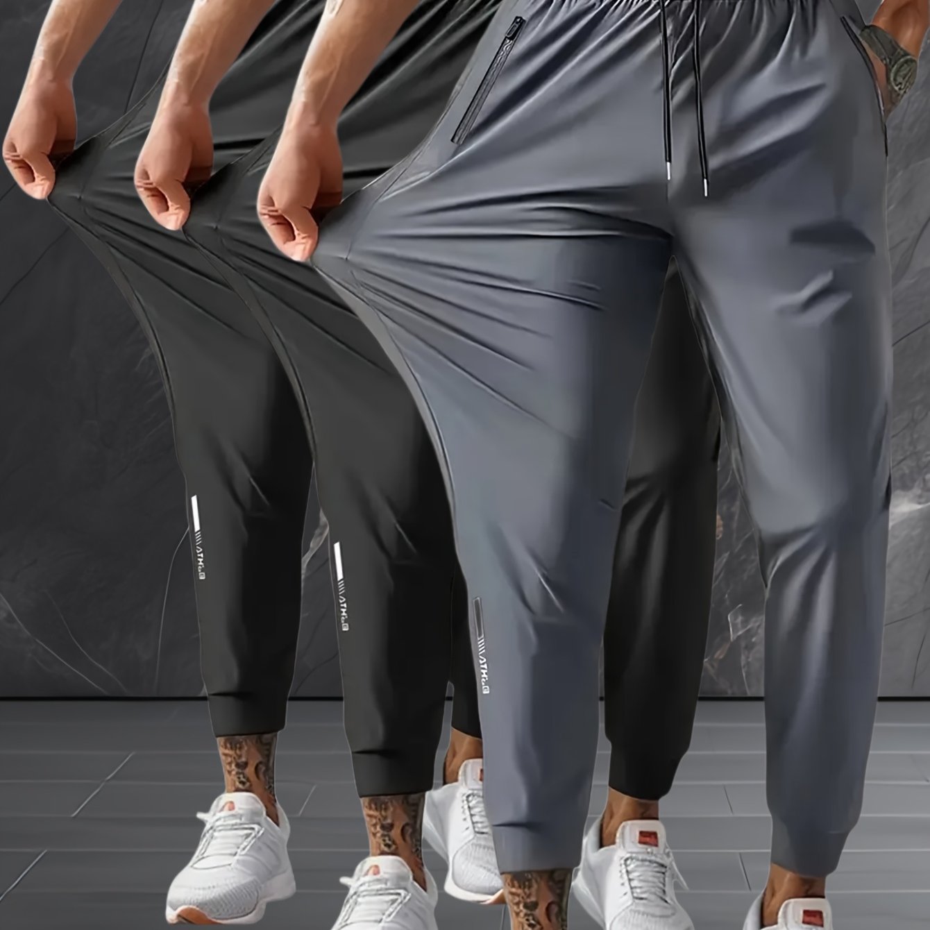 3-Pack Men's Elastic Drawstring Sweatpants - Casual Joggers with Zipper Pockets, Suitable for Gym, Basketball, Camping, Fishing, Beach Running