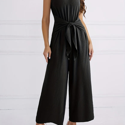 V Neck Knotted Jumpsuit, Casual Wide Leg Sleeveless Jumpsuit For Spring & Summer, Women's Clothing