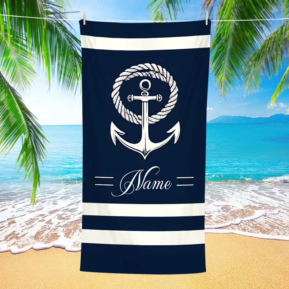 1pc Customizable Nautical Anchor Stripe Microfiber Beach Towel, Quick-Dry Soft Absorbent Knit Fabric, Machine Washable, Coastal Theme for Surfing Swimming Camping, 250gsm Polyester, Beach Essentials|Nautical Design|Quickdry M