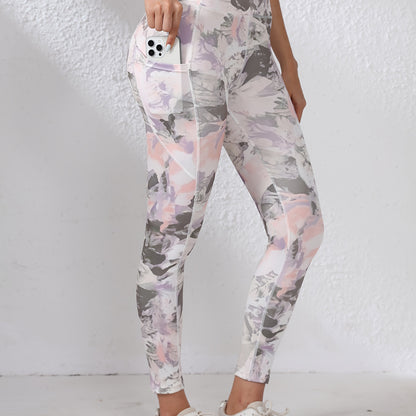 Women's High-Waisted Yoga Leggings with Pockets - Tummy Control Butt-Lifting Workout Pants, Floral Print, Stretchy Polyester/Elastane Blend, Machine Washable for Gym, Running & All-Season Wear