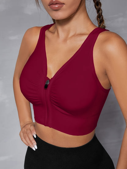 Women's Seamless Sports Bra With Zipper Front, Wide Shoulder Straps, Padded, Wire-Free, Comfort Fit, Racerback, Gym Fitness Yoga Bra Top