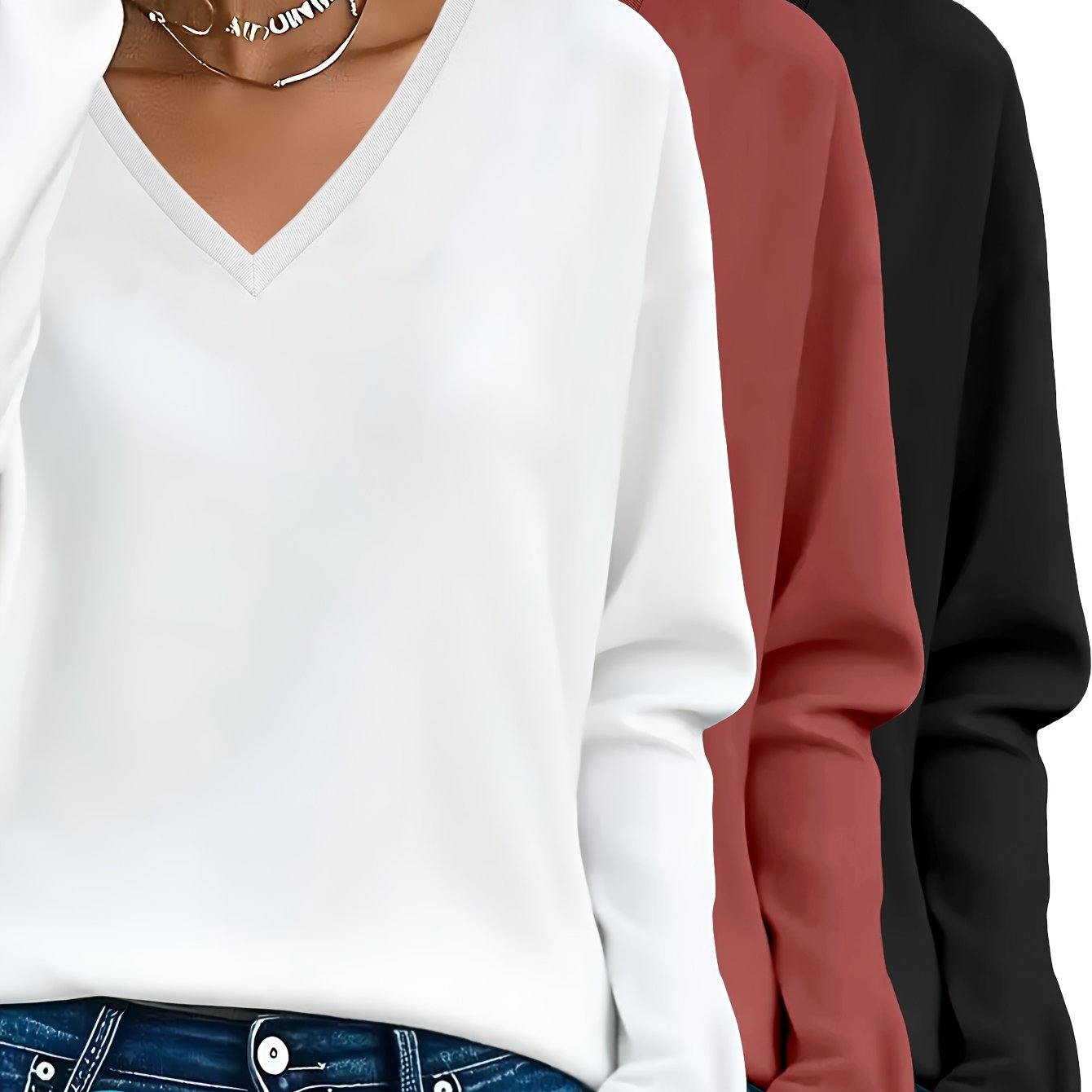 3pcs Women'S 100% V-Neck Long Sleeve T-Shirts - Soft, Durable, and Comfortable Casual Wear for All Seasons, Perfect for Holidays, Graduations, and Everyday Style, Everyday Comfort Wear | Minimalist Style | Soft Fabric Tee