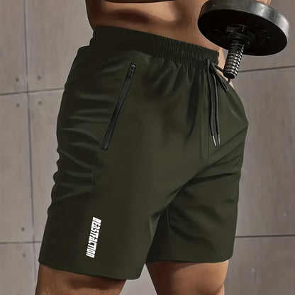 A Pair of Men'S Casual And Minimalist Style Comfortable Shorts, Featuring Letter Print Pockets And Drawstrings, Suitable for Summer Outdoor Fitness Wear, Quick-Drying Comfortable Shorts with Slightly Stretchy Elastic Waistban