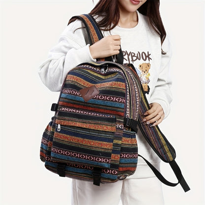 2025 vintage style backpack with adjustable straps, multiple compartments in brown, red, blue, and gray, large capacity travel and vacation backpack, travel backpack