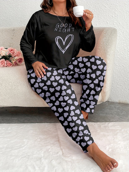 Women's Comfort Plus Size Heart Print Pajama Set - Long Sleeve and Pants, Soft Polyester Loungewear, Machine Washable, Autumn, Oversized, Heart Pattern, Long Sleeve Sleepwear Set