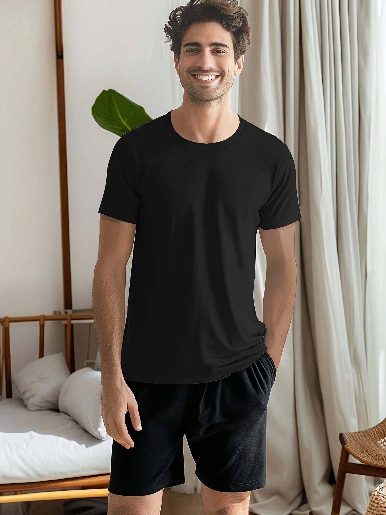 Conjunto de 4 t-shirts casuais para homem de cor sólida, estilo simples, manga curta e gola redonda, ideais para usar em casa, como pijama ou para atividades ao ar livre no verão.