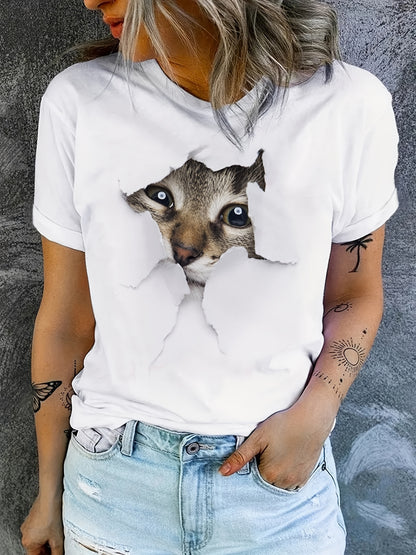 Cute Cat Print T-Shirt, Crew Neck Short Sleeve T-Shirt, Casual Every Day Tops, Women's Clothing