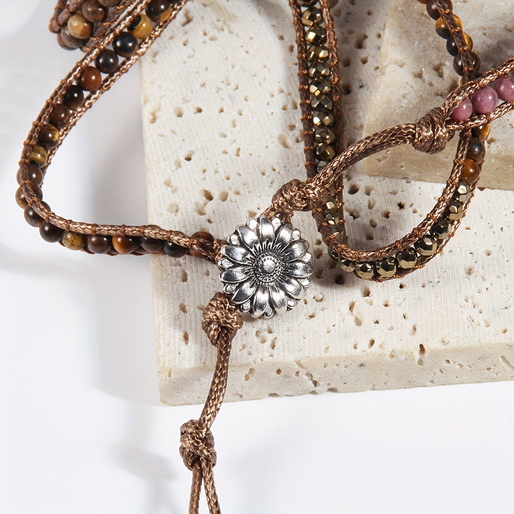 Bohemian Style Handmade Beaded Bracelet, Natural Stone Glass Wax Rope 5-Strand Wrap Bracelet for Women