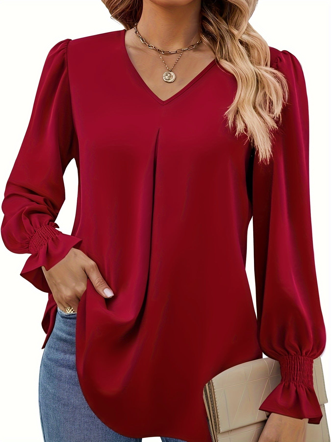 Solid V Neck Simple Blouse, Elegant Long Sleeve Ruched Blouse, Women's Clothing
