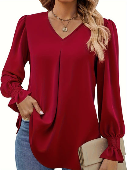 Solid V Neck Simple Blouse, Elegant Long Sleeve Ruched Blouse, Women's Clothing
