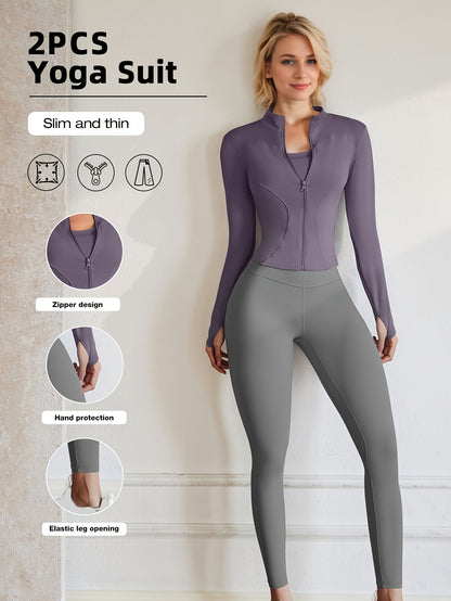 European Code Polyester Fabric Gym Running Clothes Long Sleeve Sports Jacket Cycling and Hiking Tightening Buttocks Pants Fitness Suit