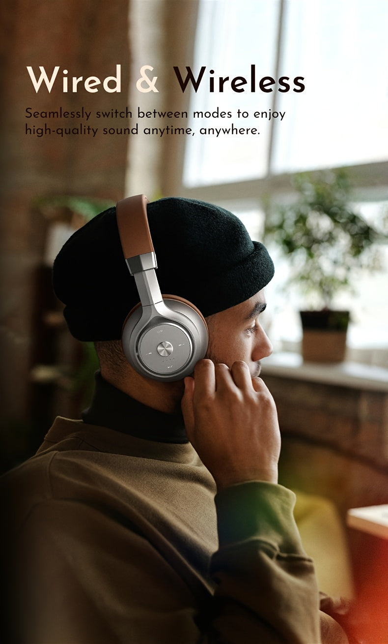 Picun Wireless Over-Ear Headphones, HiFi Stereo, Deep Bass, Foldable Design, 30-Hour Battery, Built-in Mic. Lightweight Brown Leatherette Finish, Perfect for Gaming, PC, and On-the-Go Use.