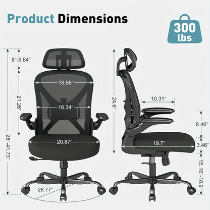 Ergonomic Office Chair with Adjustable Headrest & Lumbar Support, Height-Adjustable Computer Desk Chair with Flip-Up Armrests, 360° Swivel, Breathable Mesh Backrest & Seat, Durable Plastic Frame - Black for Home & Office Use