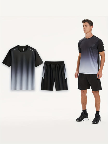 2-piece Men's Summer Basketball Training Running Outfit Set, Gradient Short Sleeve T-shirt & Quick-drying Shorts Set
