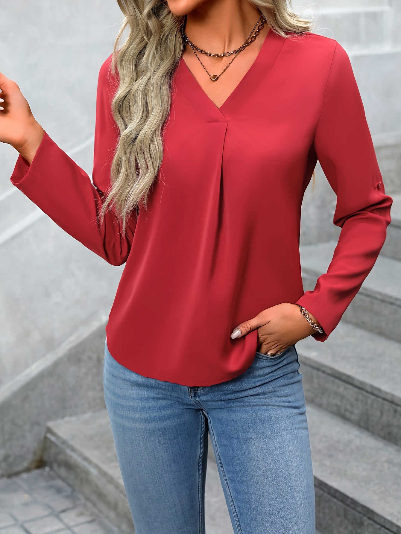 Solid Color V Neck Blouse, Casual Long Sleeve Blouse For Spring & Fall, Women's Clothing