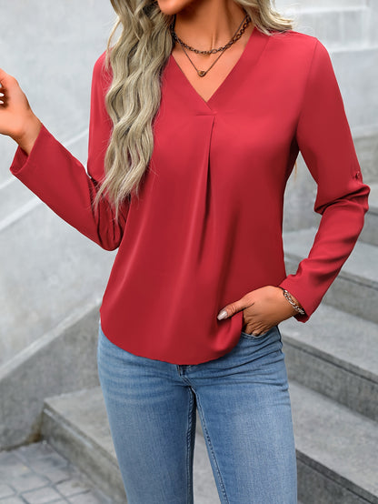Solid Color V Neck Blouse, Casual Long Sleeve Blouse For Spring & Fall, Women's Clothing