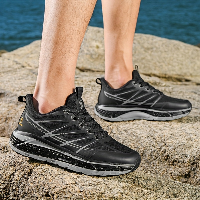 Men's All-Season Breathable Sneakers - Non-Slip Cushioned MD Sole, White/Gray/, Lace-Up Mid-Top Sneakers for Running, Gym, Hiking, Everyday - Extended Sizes Available, Outdoor Activities, Geometric Pattern, Secure Fit, Versat