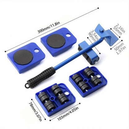 Conjunto de 5 peças para movimentação de móveis reforçados com elevador e deslizadores, azul - Ideal para mover eletrodomésticos, frigoríficos e sofás.