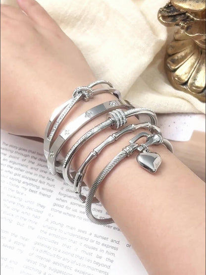 5pcs Classic Stainless Steel Cuff Bracelets, Waterproof and Rust-Resistant Silvery Women'S Light Luxury Rhinestone Bracelets, Suitable for Layering and Combination Matching, Unique Jewelry Accessories Gift