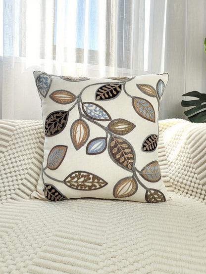 1pc Leaf Embroidered Decorative Throw Pillow Case, Canvas Cushion Cover For Living Room, Home Decor