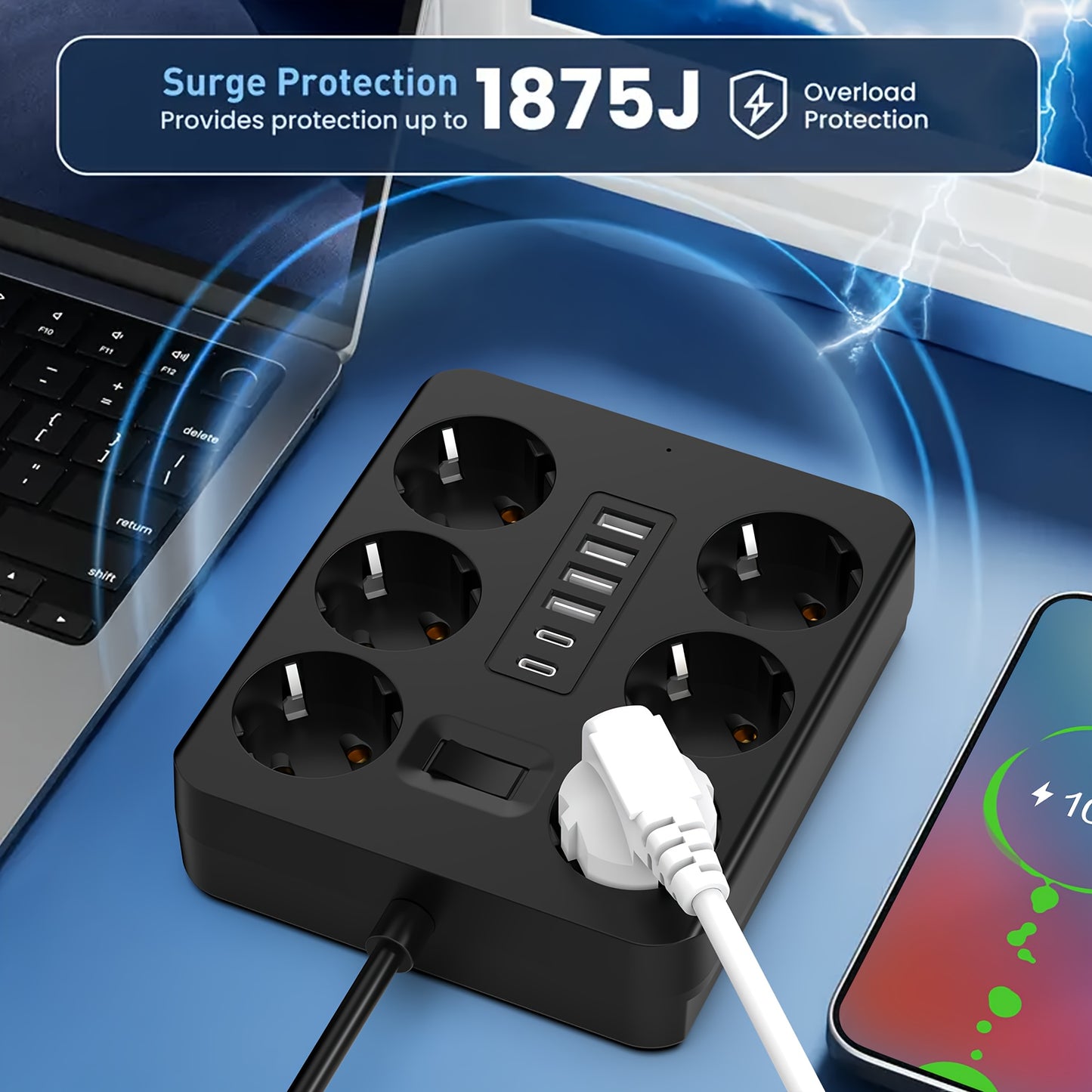 12-in-1 Power Strip with 6 Outlets and 6 USB Ports (2 USB-C) | 182.88cm Flat Plug Wall-Mounted Desktop Charging Station, Suitable for Home Office Dorm Essentials | Multi-Plug Expander